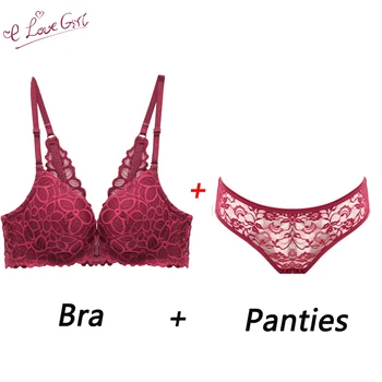 

E lovegirl Sexy Deep V Front Buckle Lace Underwear Set Female Fashion One-piece Gather to Push up Ladies Bra Set Blue Red