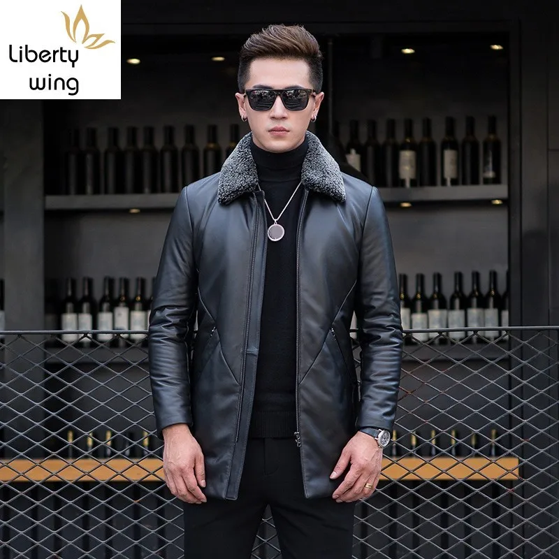 

Winter Genuine Leather Warm Jacket Men Brand Real Wool Collar Detachable Zipper Medium Long Coat Black Casual Business Outerwear