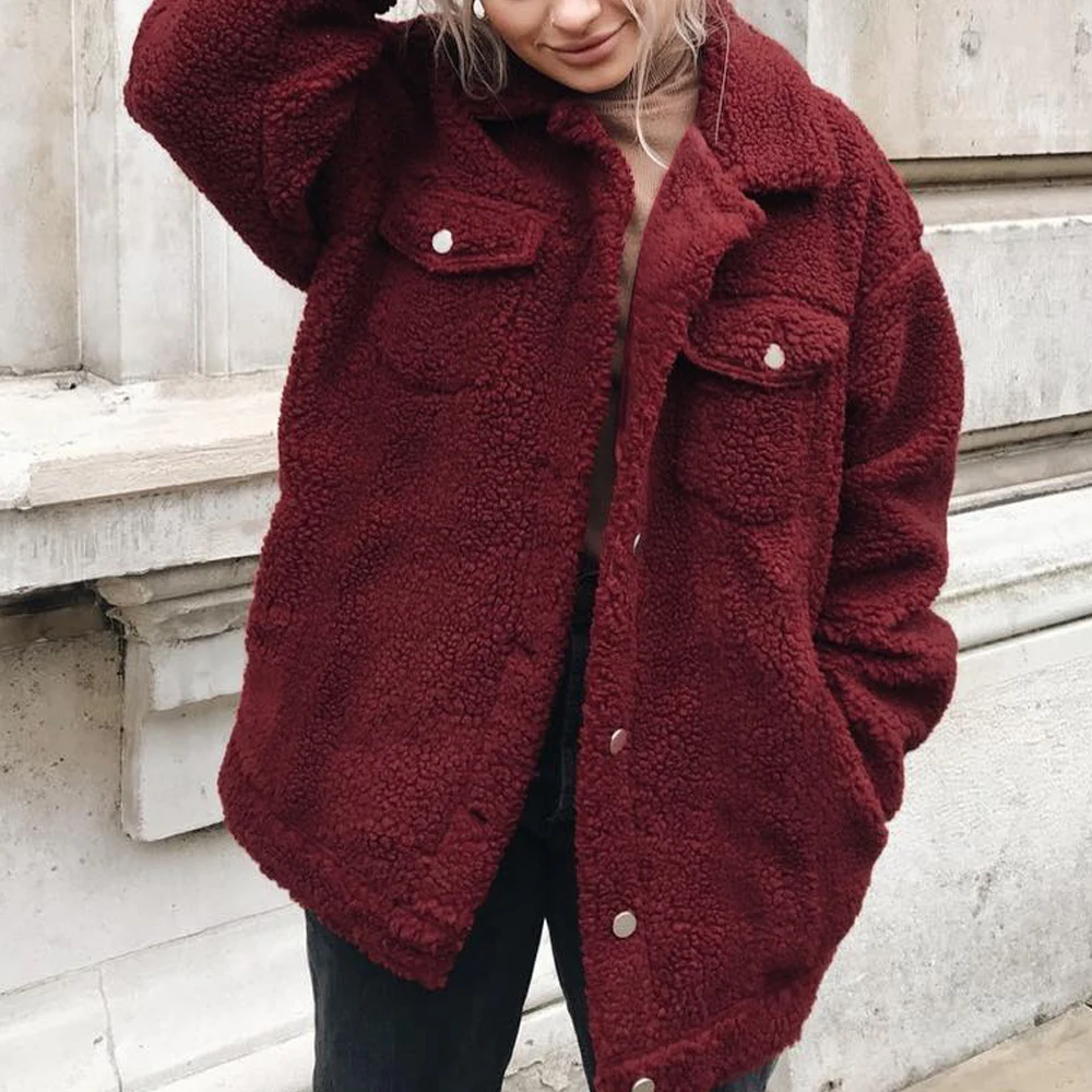 MoneRiff, зимнее пальто с карманами из искусственного меха плюшевого мишки, куртка для женщин, модное пальто с открытой строчкой, женское пушистое пальто с длинным рукавом - Цвет: red