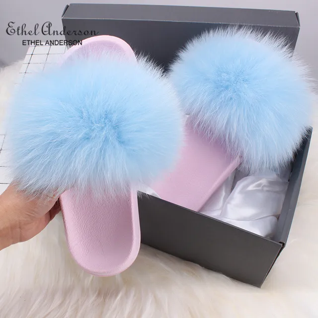 2021 Hot Sale Women Real Fox Fur Slippers Multi-color Summer Fashion Slides Casual Female Furry Shoes As picture