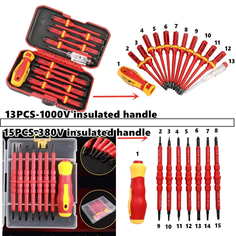 Juego de destornilladores aislados intercambiables, herramientas de reparación de brocas ranuradas magnéticas, 1 unidad/15 piezas 380V/13 piezas 1000V