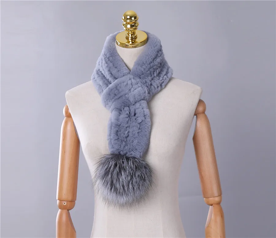 Натуральный женский шарф из кроличьего меха Рекс, вязаные меховые шарфы для девочек, натуральный мех, обертывания на шею, теплые серебряные Меховые помпоны, шейный платок - Цвет: Blue
