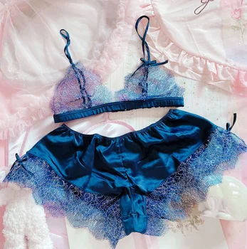 

Fairy Sweet Cute Lingerie Transparent Ultra Thin Bra and Panty Set Lace Underwear Women Girls Lolita Cosplay Wire Free Bra Sets