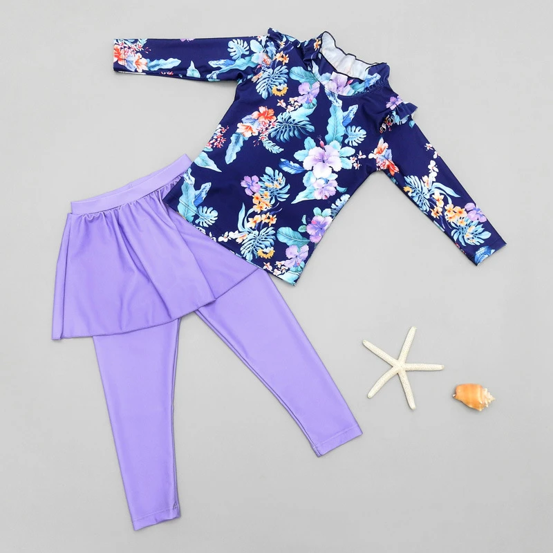 Girl Two Pieces Suit 2-11 Year Children Long Sleeve Skirt Swimsuit 2024 Kid Cute Flower Print  Swimwear Baby Bathing Suit