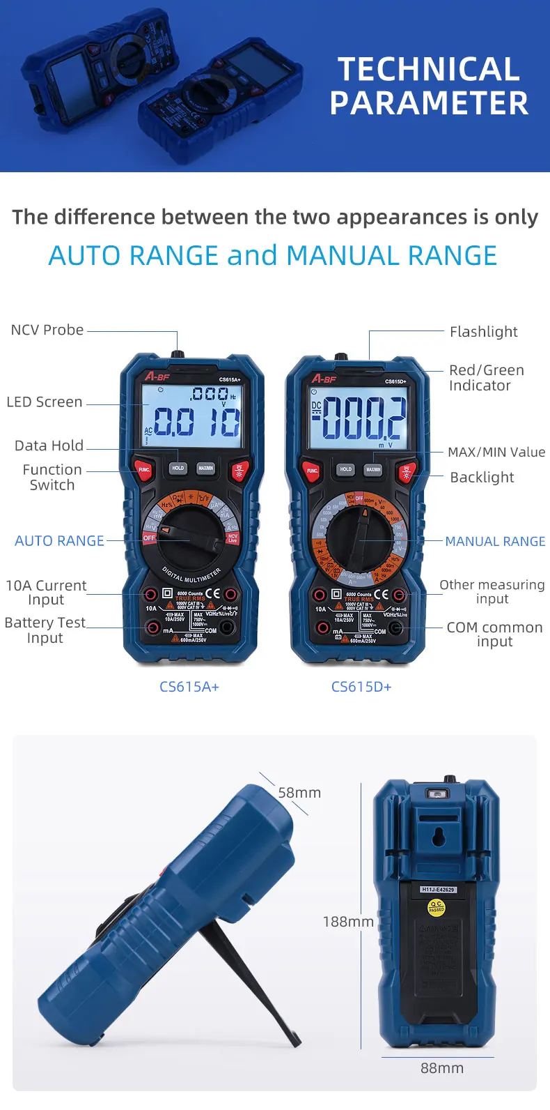 A-BF CS615A+/CS615D+ цифровой мультиметр True RMS Интеллектуальный Автоматический диапазон портативный мультиметр для хранения данных Высокая точность анти-ожога