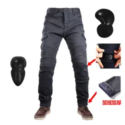 UGB06 Winter Velvet Motorcycle Leisure Motocross Jeans Multi-pocket Belt Cargo Slim Pants With Obscure Protective Gears Hip Pads