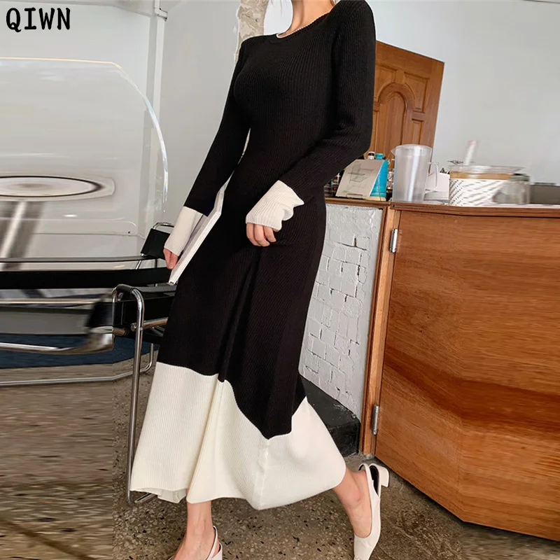 

New 2020 Autumn Korean Long Sleeve Knitted Dresses One-Piece Woman Big Swing Winter Sweater Dress Women Pullover Midi Dress Lady