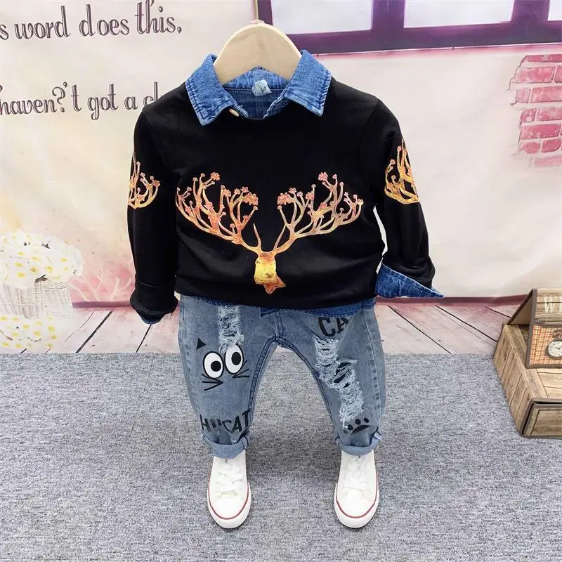 

Spring Autumn Boy Clothing Set Leisure Boys Cartoon T-Shirt,Cowboy Shirt +Jeans 3pcs Kids Clothes set 2-7Yr Children Sports Suit