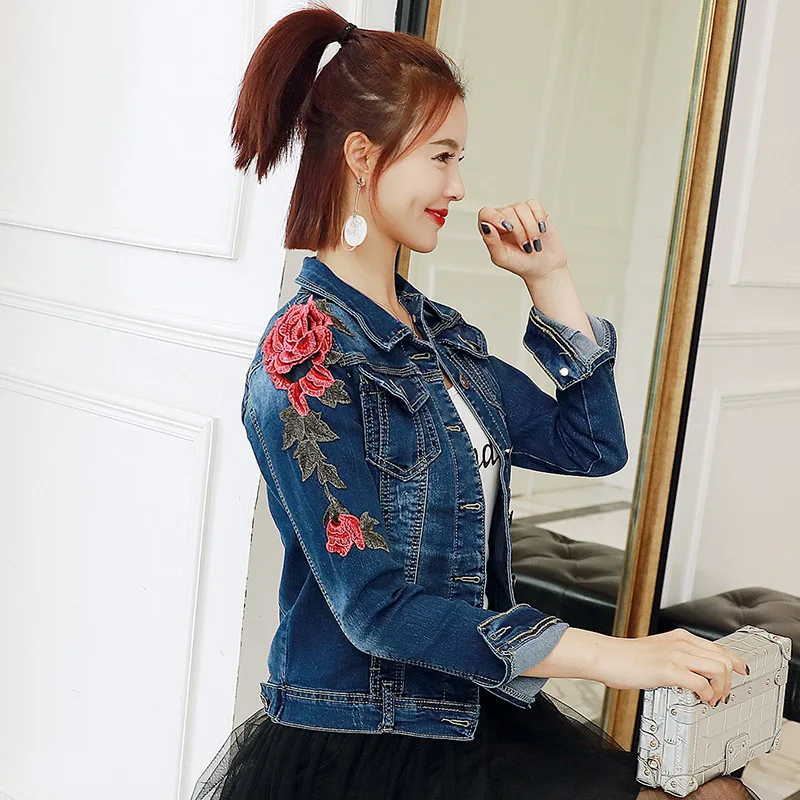 

Elasticity Jeans Coat Embroidered Short Women's 2019 Autumn Clothing Korean-style Slim Fit Cowboy Clothing Embroidery Large Size
