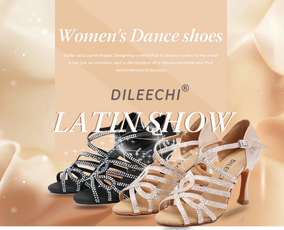 DILEECHI Latin dance shoes women shoes Satin Shining double rhinestones salsa shoes woman Ballroom dancing Shoes skin heels 9cm 10