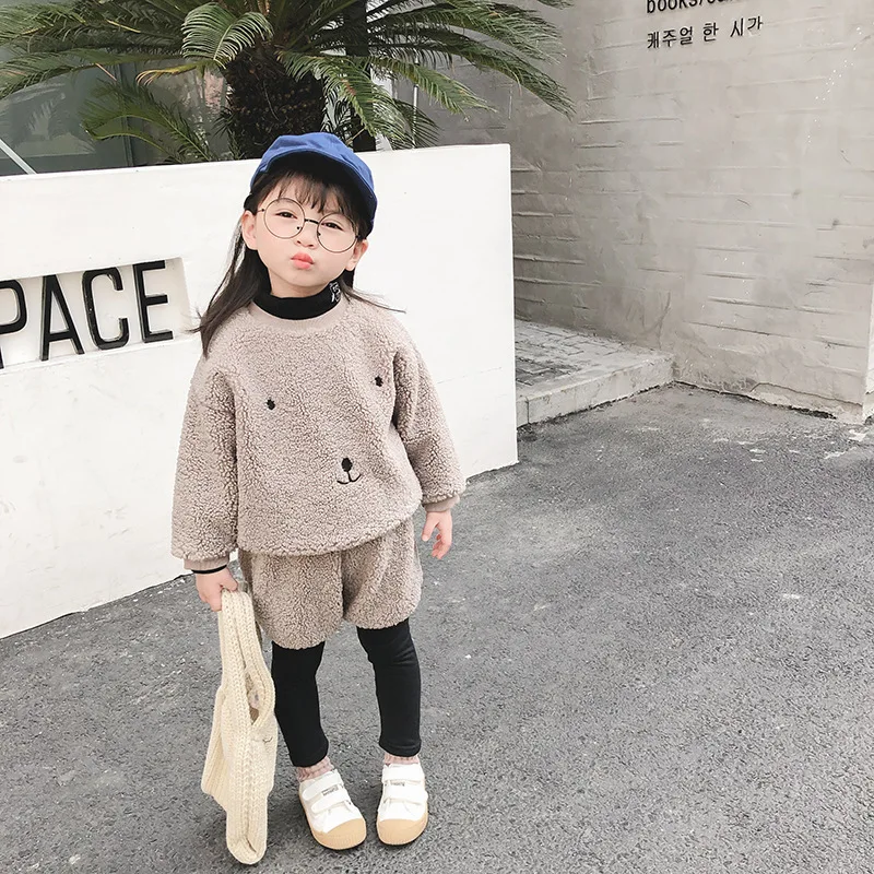 

Childrenswear 2020 Autumn And Winter New Style Korean-style Girls Bear plus Velvet Suit Cute Fashion Piece Fashion