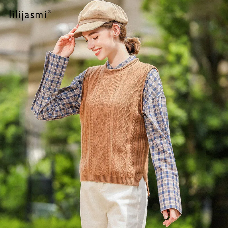 

Women 100% Fine Cashmere Rolled O-neck Vest England Vintage Cable Knit Sleeveless Swaeter 7G Thick Female Waistcoat All Match