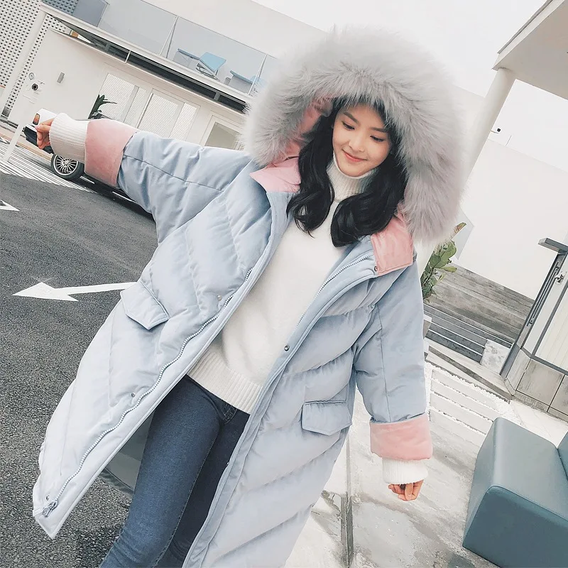 

Photo Shoot CHIC Chapter Ronon Haze Blue Mid-length Velvet down Coat Hooded Model Large Fur Collar Cotton Overcoat Women's