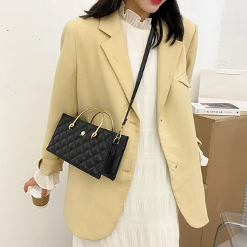 

Fashion Lattice Pattern Messenger Bag Women PU Metal Ring Handle Shoulder Pouch 2020 Fashion Trend Ladies Shoulder Handbag