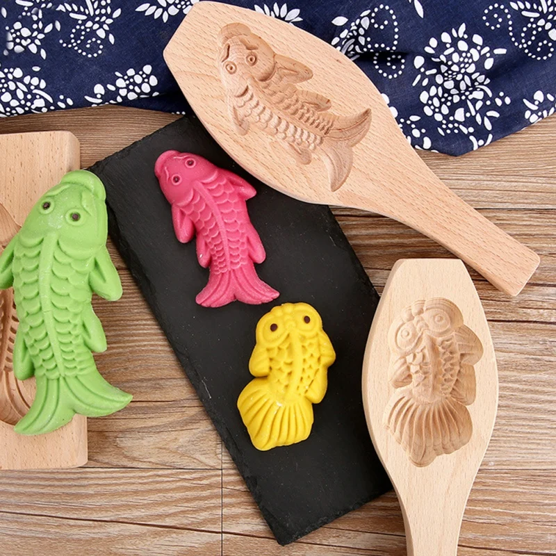 Wooden Moon Cake Mold Fish Shaped Kitchen Biscuit Chocolate Candy Mold DIY Pastry Baking Mold For Home Kitchen Bakery