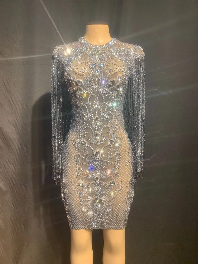 Silver Rhinestones Black Fringes See Through Dress Birthday Celebrate