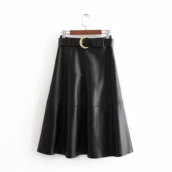 

fashion women faux leather midi skirt streetwear with belt black female 2020 autumn office ladies pleated chic midi skirts