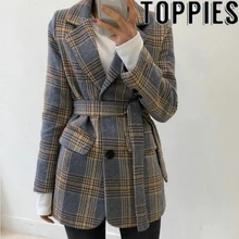 Зимние женские шикарные клетчатые шерстяные пиджаки корейская мода клетчатый узор элегантные винтажные толстые шерстяные куртки зимнее пальто
