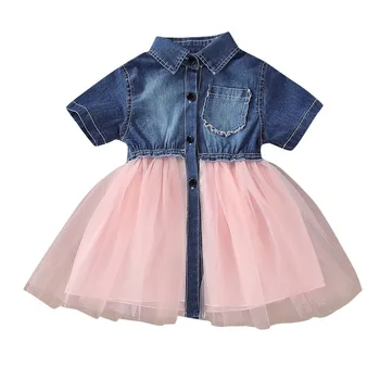 

Children's new short sleeve denim stitching mesh dress платье для новорожденных