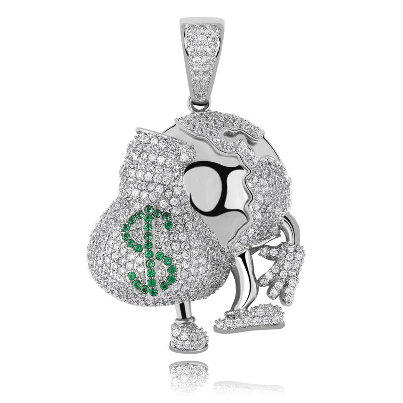 

Fashion Cartoon Earthman with Purse Pendant & Necklace Iced Out AAA Cubic Zircon Bling Mens Hip Hop Jewelry Gifrs