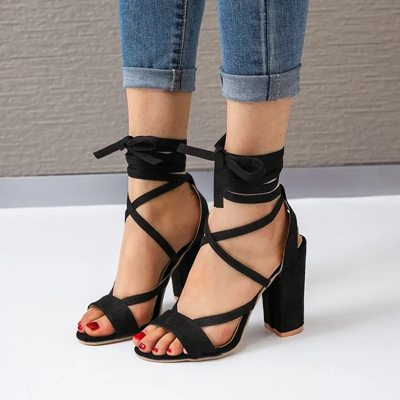 

2019 Summer New Style Europe And America Peep-Toe Fashion Cross Straps Versatile Chunky-Heel Rome High-Heel Large Size Sandals W