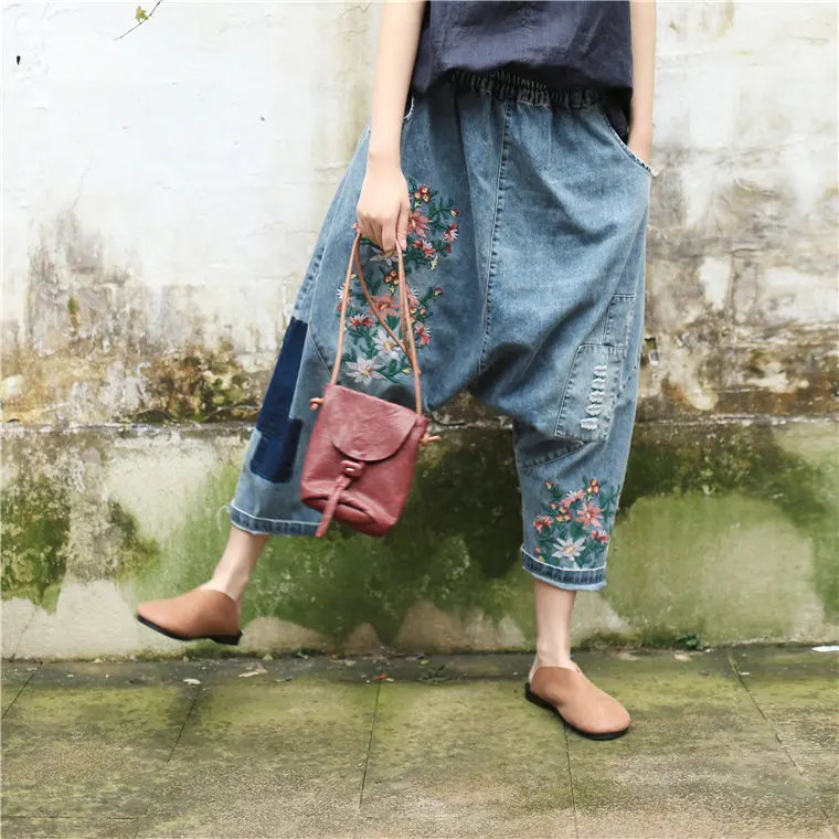 Женские Мешковатые джинсовые брюки с заниженным шаговым швом размера плюс с эластичной талией с цветочной вышивкой джинсы в стиле хип-хоп более размера d шаровары бойфренды