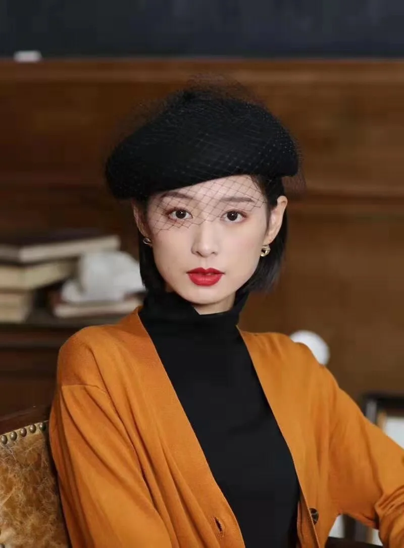 

01909-shi wool SOLID lace lady beret cap women dinner formal hat