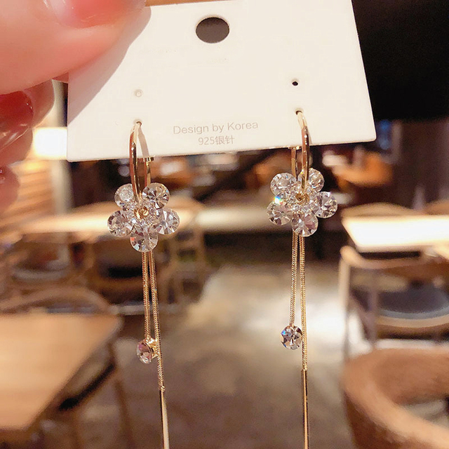 Trendy Korean Crystal Star Moon Dangle Earrings For Women Exquisite Flowers Long Tassel Earring Girl Party Jewelry Gifts