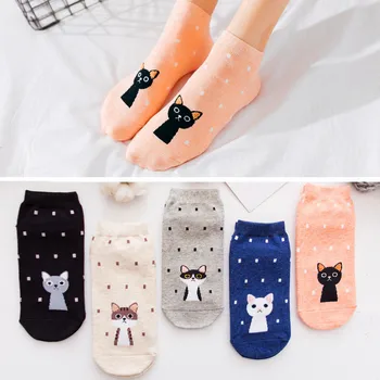 

5 Pairs Summer Cartoon Cotton Thin Women Cotton Funny Animals hello kitten cat Happy Sock Female Cute Kawayi Girls Boat Socks