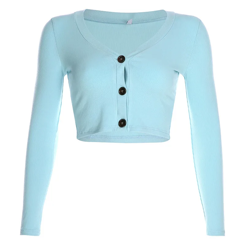 Rockmore Bodycon V шеи Женская футболка с длинным рукавом Femme Осень Корея Harajuku элегантные офисные Топы Футболки с пуговицами верхняя одежда - Цвет: Небесно-голубой