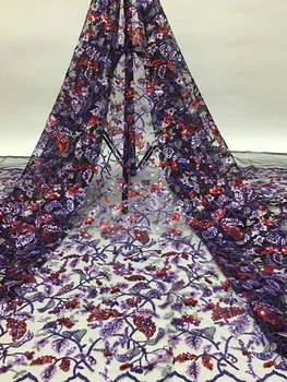 

Hot sale women dress fabric CD19 so beautiful flower trees pattern with colorful sequins high quality French Tulle Lace Fabric