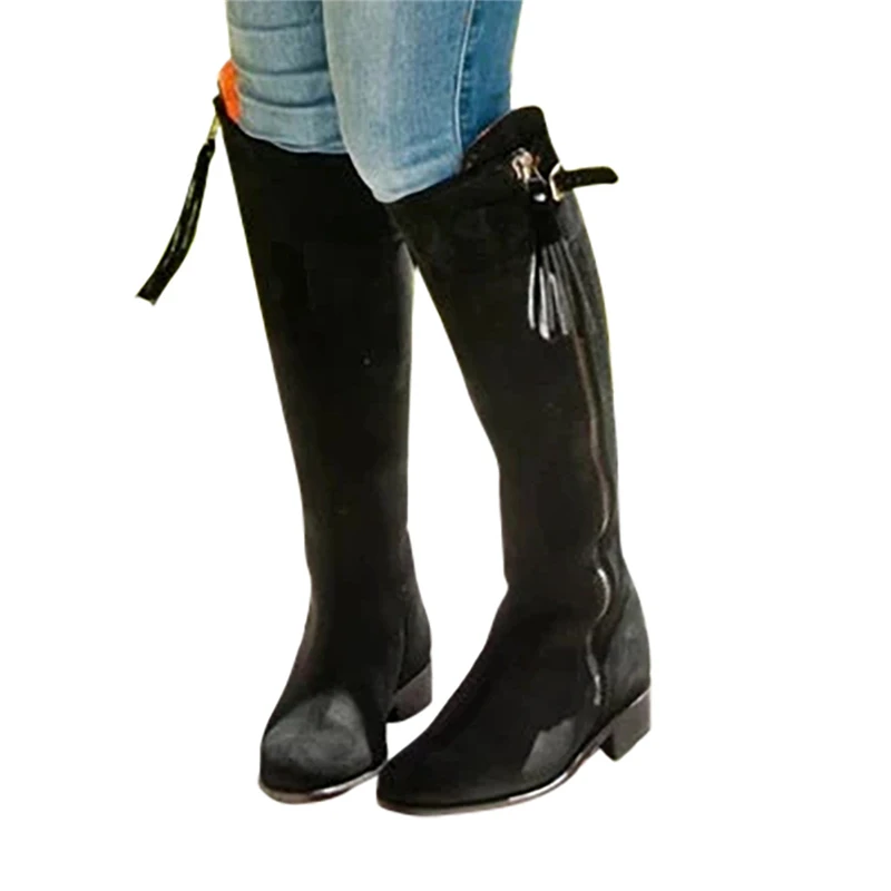 SAGACE Winter Warm Knee High Boots Womens Snow Boots PU Leather High Heels Side Round Toe Side Zipper Tassel Female Shoes 1026
