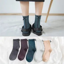 4 пар/лот, модные элегантные женские блестящие носки, женские дизайнерские хлопковые носки с бантом для девочек, Роскошные блестящие Веселые носки, однотонные носки без пятки