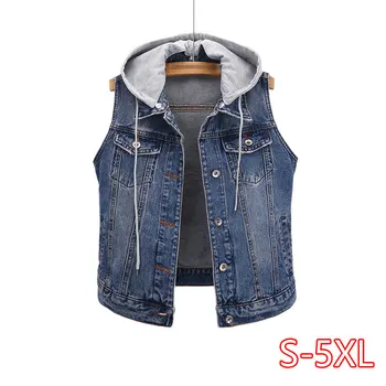 

Women Short Denim Vest Detachable Hooded Coat Spring 2020 Slim Side pockets Sleeveless Jeans Jacket Casual Outwear Plus Size 5XL