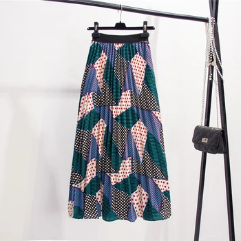 

Women Chiffon Skirt Female Geometric Print High Waist Mid-calf Skirt Swinging Elegant Pleated Skirts 2020 Spring Autumn New