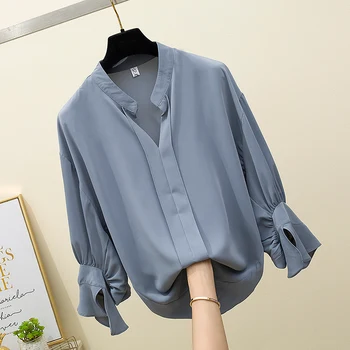 

2020 Spring Summer New Loose-Fit Chiffon Shirt Large Size Loose Tops Fashion Solid Color Long Sleeve V-neck Blouse Baisc Tops