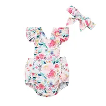 Комплект из 2 предметов для новорожденных девочек; боди; комбинезон; одежда; повязка на голову; Детский комбинезон с цветочным принтом; летний костюм с открытой спиной; повседневная одежда