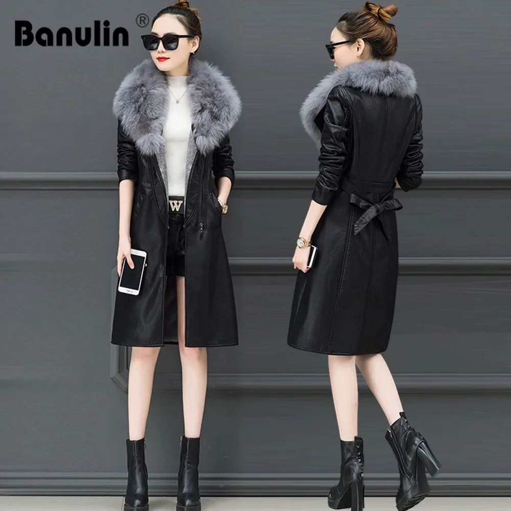 

Women's Autumn Winter Leather Jackets 2019 Plus Velvet Warm Thick Big Fur Collar Long Leather Coat Cardigan Outerwear Plus 4XL
