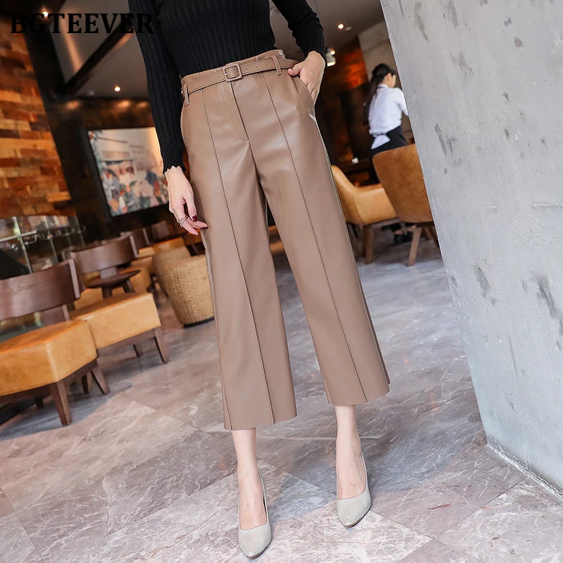 BGTEEVER Black Pu Leather Pants Women High Waist Belted Faux Leather Trousers Female Wide Leg Pants pantalon femme - Цвет: khaki