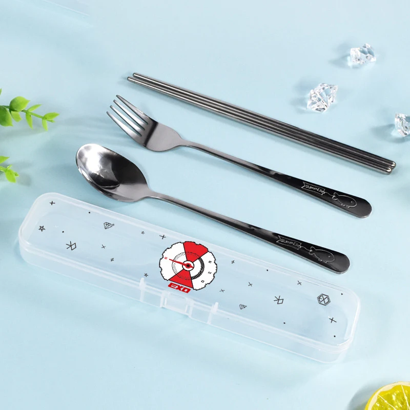 Kpop EXO, палочки для еды из нержавеющей стали, вилки, ложки, коробка, портативный набор посуды для путешествий, K-pop EXO, коллекция вентиляторов, подарки, Прямая поставка