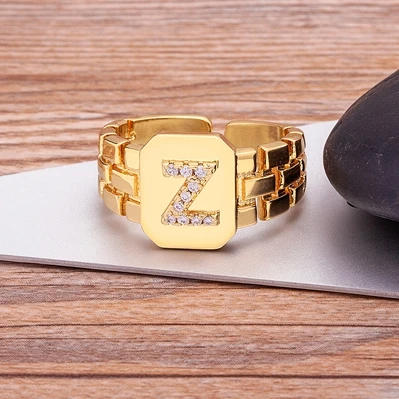 Arrival Fashion Gold Color Initial Ring Open Design Adjustable Hot Sale Watchband Chain A-Z Letters Zircon Rings For Women