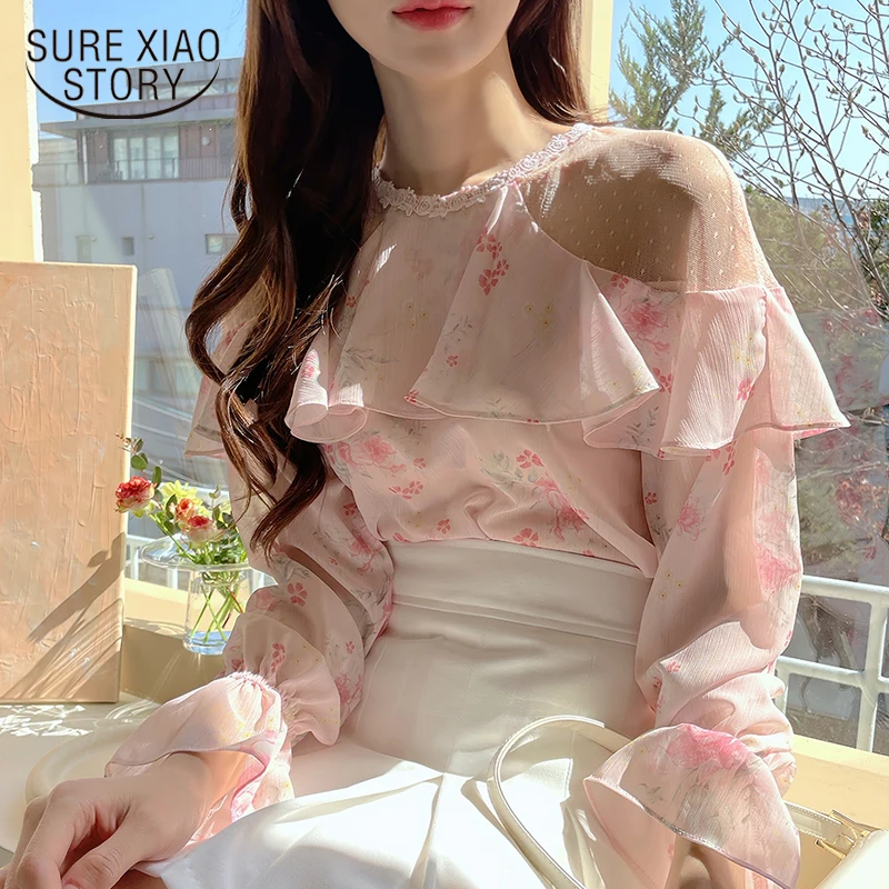 

Casual Clothing Ruffle Floral O Neck Women Shirts 2023 Puff Sleeve Chiffon Women Blouses Off Shoulder Tops Chemise Femme 15666