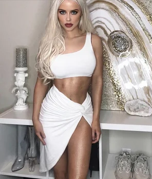 

New Hot Sell Summer Women 2Pcs Party Club Beach Set Creativity Irregular Solid Sexy Sleeveless Short Vest Crop Top Bandage Skirt