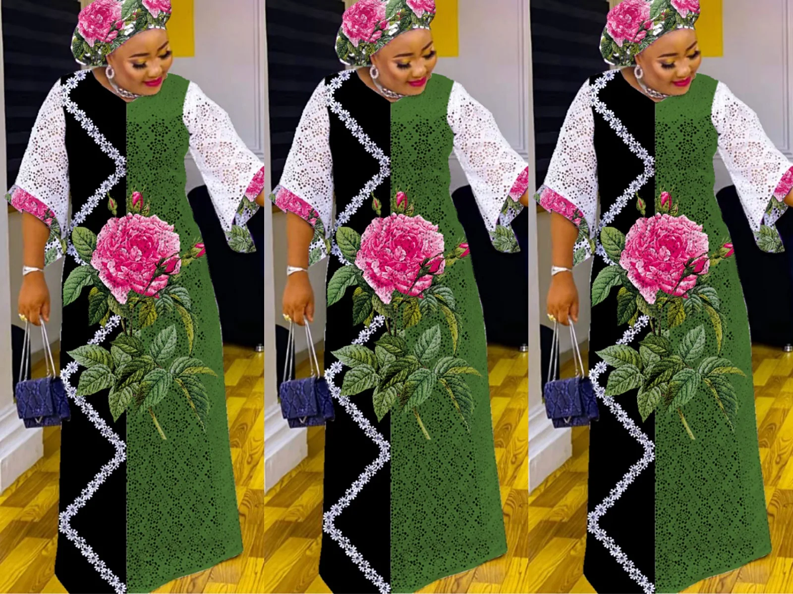 

Plus Size Clothing for Women 2021 Autumn African Women Printing Lace Long Dress African Dresses Women Maxi Dress with Headtie