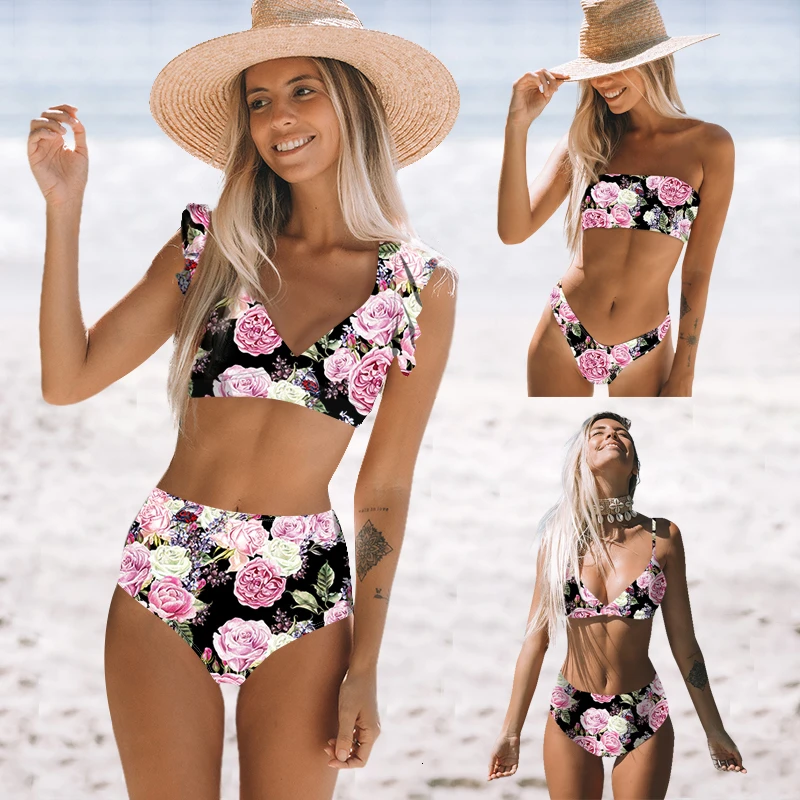 

2020 Women Floral Print Bikini Sexy Tube Top Bikinis High Cut Bathing Suit Ruffle Swimwear Bordered Swimsuit Biquinis Feminino