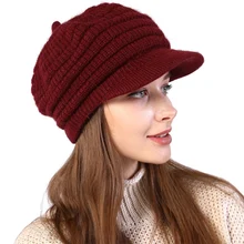 Женские зимние вязаные козырьки, шапки для девочек, теплые одноцветные женские теплые вязаные шапки