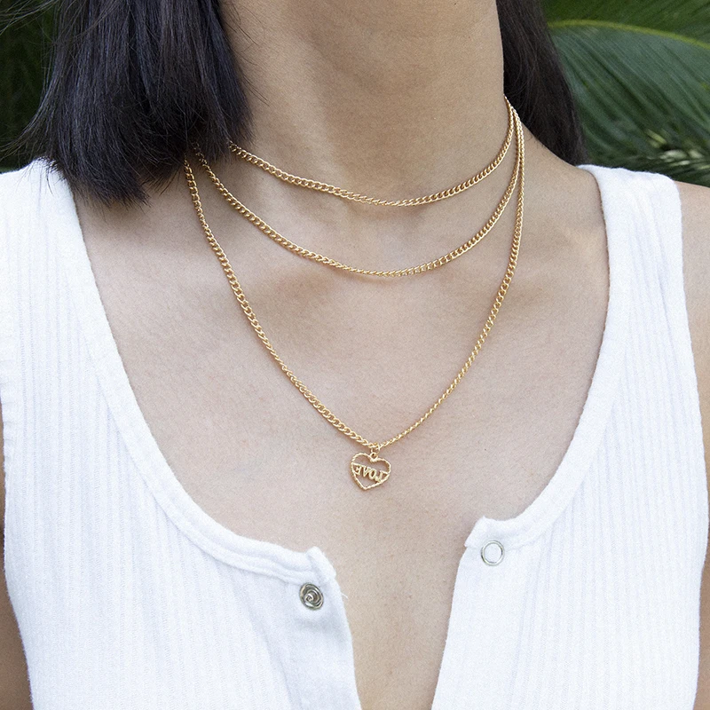 

Punk Chain Necklace Women Heart-shaped Letter Pendant Necklaces Choker Retro Alloy Multi-layer Hollow Kolye Jewelry Bijoux Femme
