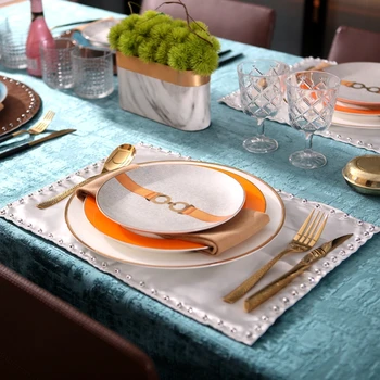 

Orange Metal Leather Buckle Pattern Porcelain Tableware Set Plate Tableware Dinnerware Tableware Cutlery Set Dinner Service