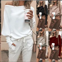 Женский свитер, осенняя мода, повседневные свободные одноцветные пуловеры на одно плечо, вязаный свитер для девушек с вырезом лодочкой, сексуальные топы размера плюс