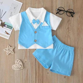 

Summer infant clothing boy patchwork gentleman T shirt+shorts baby boy clothes set cotton kids baby boy outfits 2pcs
